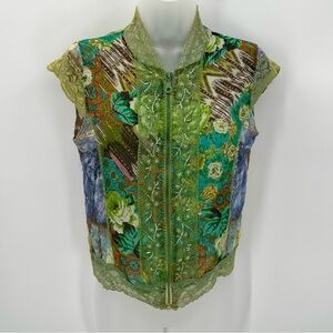 3/$15 LULU H PARIS Top Zip Front Lace Beaded Colorful Artsy Floral S - flaws